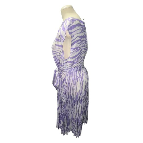 Nine West Womens XL Purple & White Zebra Print Pleated Midi Dress With Waist Tie - Picture 9 of 11